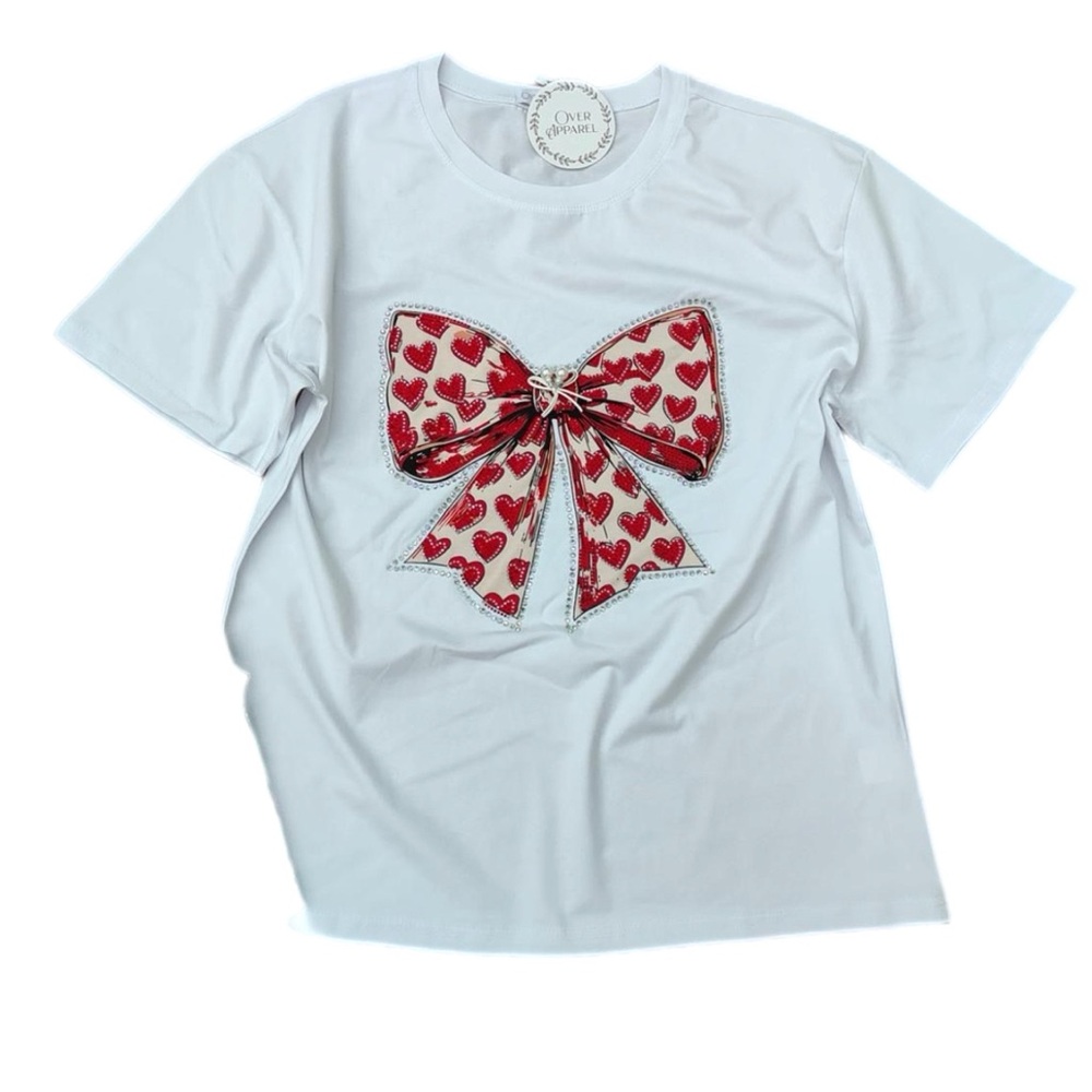 White Rhinestone Tee with Red Heart Bow, Plus Size